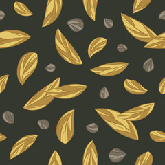 Seamless floral pattern with abstract gold leaves scattered random on black background