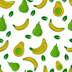 avocado, pears and banana fruit seamless pattern vector illustration
