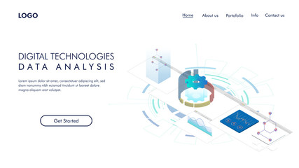 Digital Technologies. Data Analysis. Isometric digital concept of business data and analytics. Startup concept. Launch a new product on a market. Isometric vector illustration