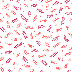 Seamless floral pattern with small pink and purple leaves on white background. Ditsy print.