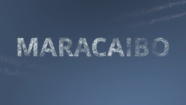 Flying airplanes reveal Maracaibo caption. Traveling to Venezuela conceptual intro animation