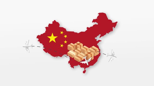China map with cardboard boxes. Global Shipping and online shopping concept. HD animation.