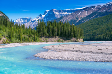 Beautiful river surrounded by mountains (Athabasca River, Jasper National Park, Alberta, Canada)