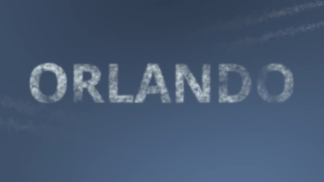 Flying airplanes reveal Orlando caption. Traveling to the United States conceptual intro animation