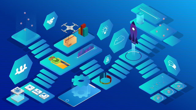 Isometric virtual office: mobile devices, business management, online communication and finance concept