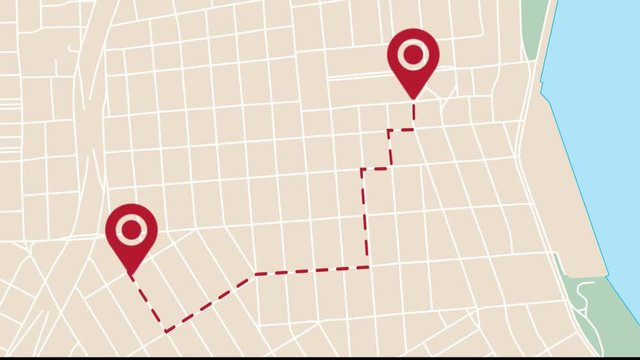 city map with pin pointers, GPS travel and navigation concept. HD Animation