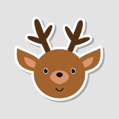 Christmas sticker. Portrait of funny deer. Funny cartoon face of farm animal. Vector illustration.