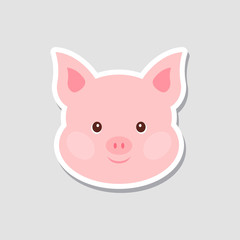 Obraz na płótnie Canvas Christmas sticker. Portrait of pink pig. Funny cartoon face of farm animal. Vector illustration, Happy New Year.