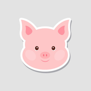 Christmas sticker. Portrait of pink pig. Funny cartoon face of farm animal. Vector illustration, Happy New Year.