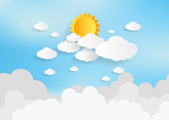 Blue sky and sun with clouds background. Paper art style. Vector illustration