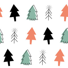 Vector seamless pattern of New year and Christmas. Doodle style background. Christmas tree