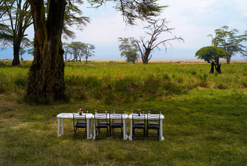 Tables set for Lunch in Ngorongoro Crater