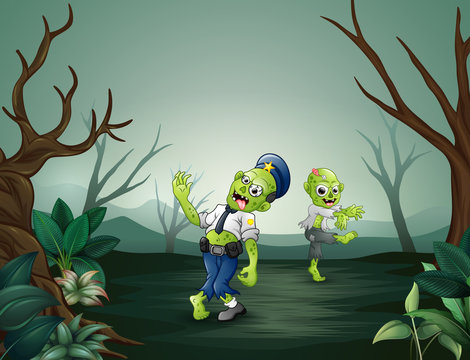 Zombie cartoon scary in dead forest 