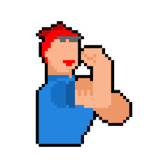 Fototapeta premium We can do it pixel art woman symbol power female. girl showing fist 8 bit. Vector illustration