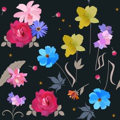 Obraz premium Seamless square natural pattern with rose, cactus, daisy, day lily, cosmos and bell flowers isolated on black background in vector. Print for swimsuite, dress, wallpaper.