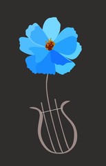 Lyre in shape of blue cosmos flower isolated on black background in vector. Vertical card, poster, musical logo in vintage style.