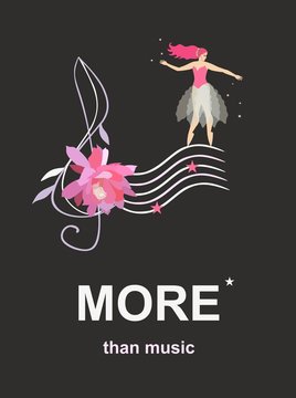 Banner with treble clef in shape of cactus flower, musical notes in form of stars and fairy ballerina dancing on musical staff  isolated on black background in vector. Creative design.