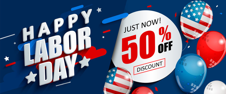 Labor day 50 percent off sale promotion, advertising banner template with American flag balloons. Perfect for marketing, lpaper.voucher discount.Vector illustration .