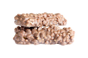 Waffle chocolate bar with nuts isolated on white background