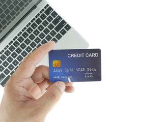 Asia Man hand holding credit card for payment, isolated on white background, concept business, shopping, currency and finance