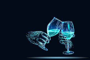 Two blue glowing glasses champagne sparkles. Abstract image of a starry sky or space, consisting of points, lines, and shapes in the form of planets, stars and the universe. Low poly vector