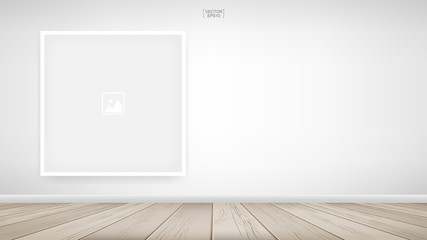 Photo frame or picture frame on white wall background with wooden floor. Vector.