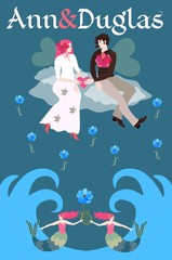 The bride and the bridegroom with transparent wings fly sitting on a cloud above the sea waves. Template for invitation to wedding in vector.