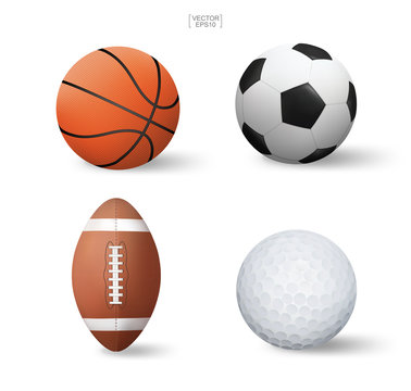 Realistic sports ball set. Basketball, Soccer football, American football and golf. Vector.
