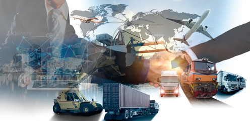 Global business of Container Cargo freight train for Business logistics concept, Air cargo trucking, Rail transportation and maritime shipping, Online goods orders worldwide, Mixed media