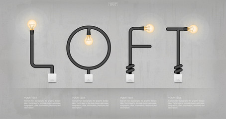 "LOFT" Abstract linear alphabet of light bulb and light switch on concrete wall background. Vector.