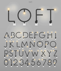 Set of alphabet letters and numbers. Abstract alphabet of light bulb and light switch on concrete wall background. Vector.