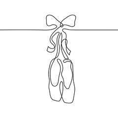 One continuous line drawing of ballet pointes. Pointe shoes with ribbon and bow © olenago