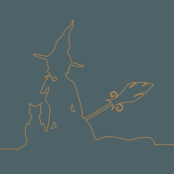 Outline illustration of sitting young witch. Witch silhouette with a broomstick, cat and raven. Halloween relative image