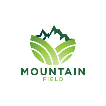 Green mountain and field logo design template