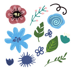 Flower graphic design. Vector set of floral elements with hand drawn flowers.