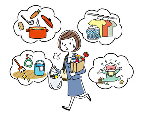 イラスト素材：働きながら家事をする主婦   © ケイーゴ・K