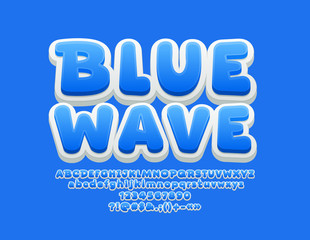 Vector Playful Sign Blue Wave. Children style Font. Funny Alphabet Letters, Numbers and Symbols