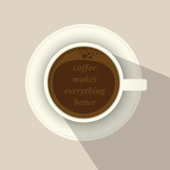 a cup of coffee and saucer, top view, vector illustration
