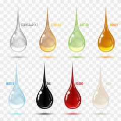 Set of transparent drops in gray colors. Transparency only in vector format. Can be used with any background. Different drops.  Realistic vector illustration.