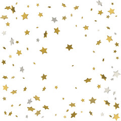 Gold flying stars confetti magic christmas frame vector, premium sparkles stardust border background. Holiday party decor, Christmas stars background vector, flying gold sparkles confetti on white.