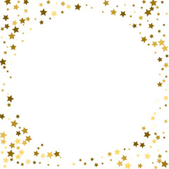 Round gold frame or border of random scatter golden stars on white background. Design element for festive banner, birthday and greeting card, postcard, wedding invitation. Vector illustration