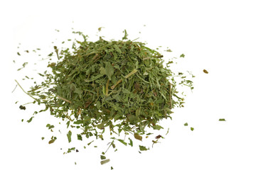 stevia. Dry stevia grass powder isolated on white background.Stevia rebaudiana, sweetener herb