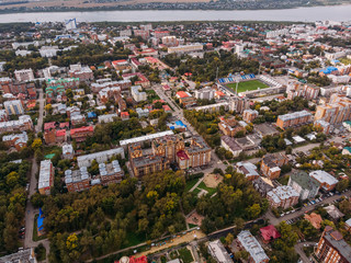TOMSK, RUSSIA - August 25, 2018: Panoramic view of city, Tom river. Drone aerial top view.