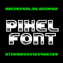 Retro computer game alphabet font. Monochrome pixel letters and numbers. 80s arcade video game typography.