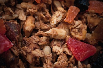 Healthy Snack, Meal. Freshly Toasted Organic Homemade Granola Cereal, Muesli Mixed With Honey, Nuts And Colorful Dry Fruits.