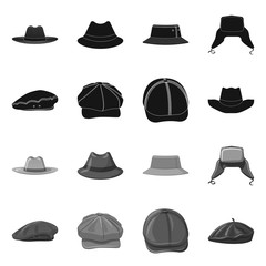 Vector design of headwear and cap sign. Set of headwear and accessory stock vector illustration.