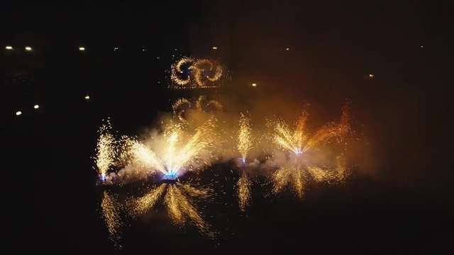 aerial footage amazing colorful fireworks on the water