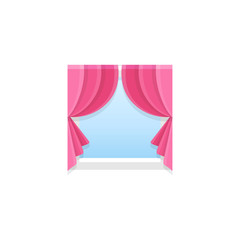 Red fabric curtain with drapery. Vector illustration. Flat icon of shade. Front view.