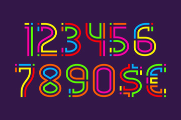 Fiesta carnival colorful numbers with currency signs of dollar and euro.