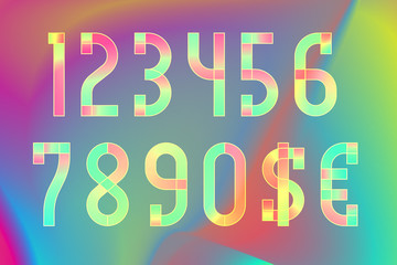 Colorful ethereal translucent numbers with dollar and euro symbols on iridescent background.